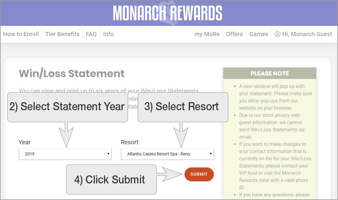 Win/Loss Statement - Select from menu